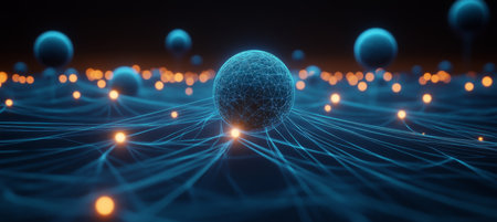 Interconnected glowing spheres, a network visualization with blue energy trails and depth of field.の素材
