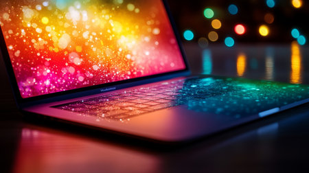 Colorful bokeh reflections on an open laptop computer, electronic music, background image.の素材