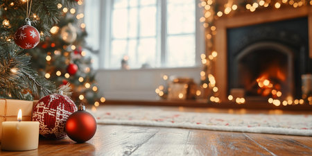 Festive Christmas Decoration with Red Ornaments By a Cozy Fireplace with Glowing Lights Backgroundの素材