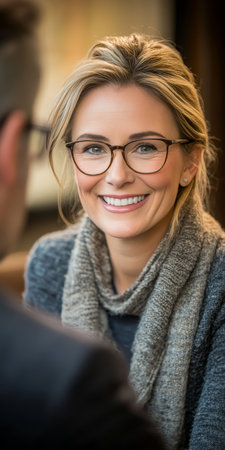 Happy, Smiling Woman Wearing Glasses and Grey Sweater Looks at Someone Closley in a Cafeの素材