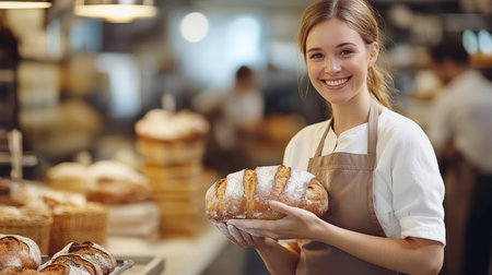 Woman Baker s Delight Proud Artisan Holds Fresh Loaf In Warm, Modern Bakery, Passion In Every Crumbの素材