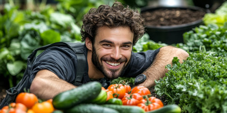 Portrait of a Happy Farmer Surrounded by Lush Green Vegetables and Healthy Plants in Summer Gardenの素材