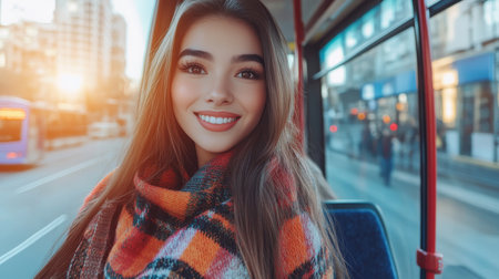 Smiling Young Woman on City Bus During Golden Hour, Enjoying View, Cityscape Backgroundの素材