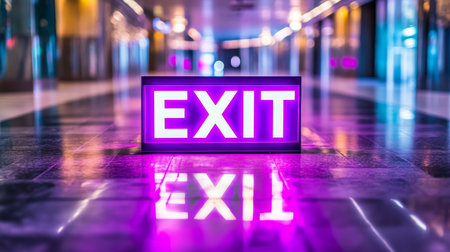 Vibrant Neon EXIT Sign Illuminates Empty Corridor, Guiding Evacuation During Emergencyの素材