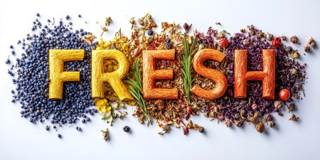 The Word Fresh Spelled Out in Herbs, Spices and Plants, Natural Background with Aromatic Ingredientsの素材