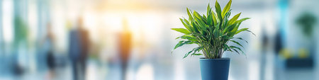 Green Plant Adds Life to Blurred Modern Office Setting with Natural Light, Banner Imageの素材