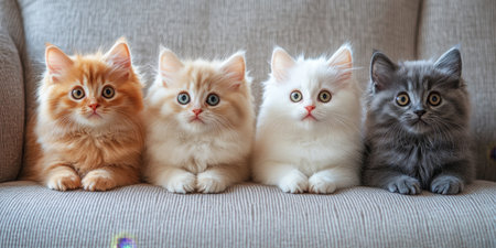 Four Adorable Kittens, One Ginger, One Grey, and Two White, Huddled Together on a Cozy Couch.の素材