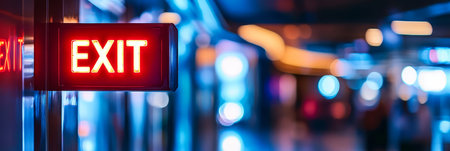 Neon Exit Sign Illuminates Evacuation Route in Blurred Hallway with Vibrant Night Lightsの素材