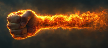 Fiery Fist of Power, Abstract Illustration on Dark Background, Dramatic Lighting, Intensity Conceptの素材