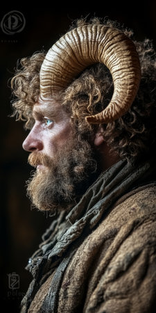 Profile of Anthropomorphic Ram, Blending Animal and Human Traits, Against Dark Backgroundの素材