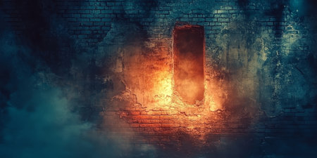Grunge Brick Wall Background With A Dramatic ,Fiery Orange Glow, Creating An Abstract Texture.の素材