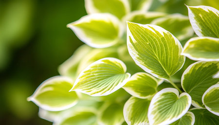 Green and White Hosta Plant with Variegated Leaves, Close Up View with Ample Copy Spaceの素材