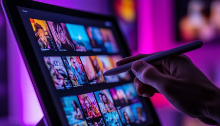 Hand with stylus navigates streaming app on modern tablet, browsing content, showcasing ease-of-use.の素材