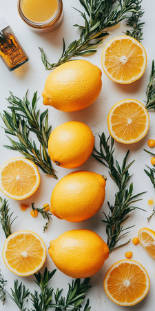 Freshly Cut Lemons and Sprigs of Rosemary on White Background, Flat Lay with Copy Spaceの素材