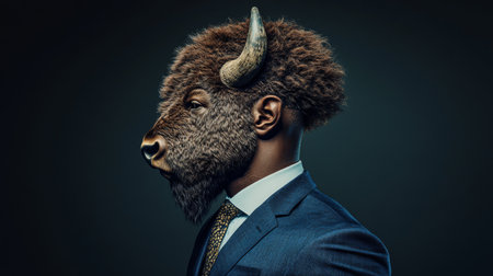Anthropomorphic Bison Profile of a Businessman with a Bison Head, Dark Art Photographyの素材