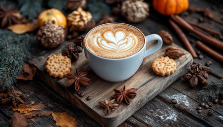 Autumn Spice Latte Art Hot Beverage with Heart Design, Surrounded by Cozy Fall Decor and Treatsの素材