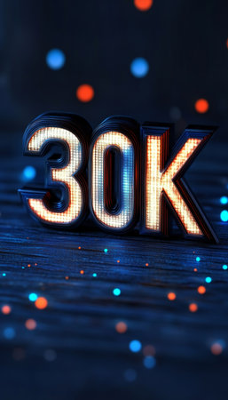 3D Number 30K Glowing in Futuristic Style on Digital Abstract Background with Bokeh Lightsの素材
