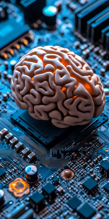 Human Brain Model on Circuit Board, Concept of Artificial Intelligence and Innovationの素材