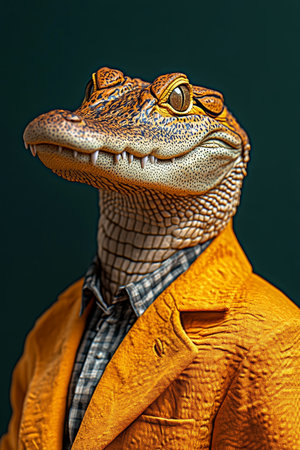 Stylish Crocodile in a Yellow Suit A Portrait of Anthropomorphism on Dark Backgroundの素材