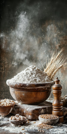 Rustic Bakery Scene A Mound Of Fresh Flour With Wheat Ears In A Wooden Bowl On A Textured Tableの素材