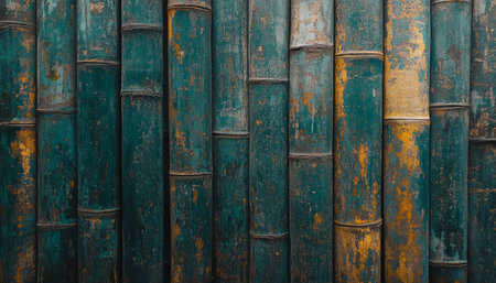 Teal and Gold Painted Bamboo Wall, Rustic Background Texture with Vertical Trunks, Knots, and Grainの素材