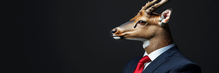 Deer Head on Businessman Body, Surreal Portrait with Antlers, Isolated on Dark Backgroundの素材
