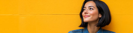 Portrait of a happy beautiful young woman with perfect short black hair on yellow background.の素材