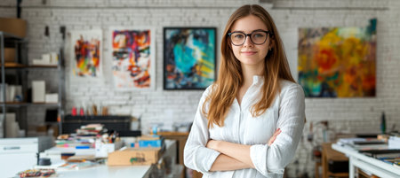 Confident Female Artist in Studio with Abstract Paintings, Conveying Creativity and Passionの素材
