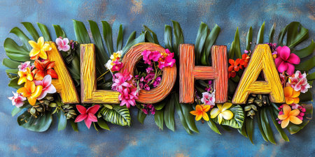 Aloha Floral Arrangement, Tropical Flowers And Lush Greenery, Studio Shot On Blue Backgroundの素材
