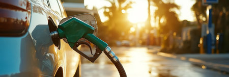 Silver Car Refueling at Gas Station During Golden Hour, Transportation and Fuel Conceptの素材