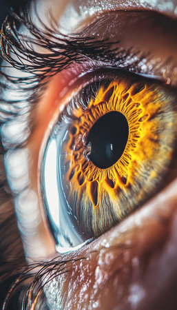 Close Up, Human Eye with Bright Yellow and Orange Iris, Revealing Intricate Details of Human Anatomyの素材
