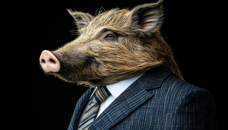 Boar Head in Business Suit, Striking Anthropomorphic Portrait Isolated on Black Backgroundの素材
