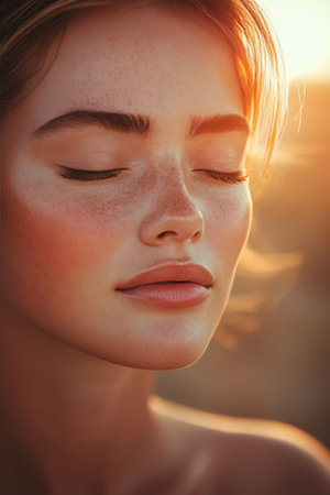 Golden Hour Beauty Close-up Portrait of a Young Woman with Eyes Closed, Lit by the Warm Sunset Glowの素材
