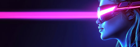 Profile of a Woman Wearing Futuristic Goggles with a Glowing Beam, Cyberpunk Style Portraitの素材