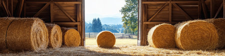 Round Hay Bales Neatly Stored in a Rustic Barn, Ready for Livestock Feed and Beddingの素材