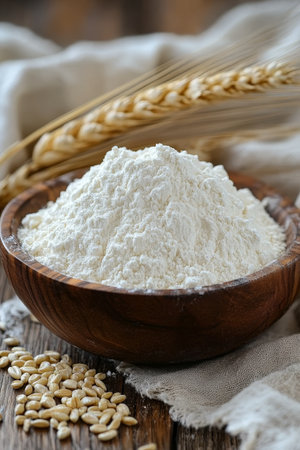 Bowl Overflowing With Flour, Wheat Stalks. and Scattered Grain Kernels on Rustic Tableの素材