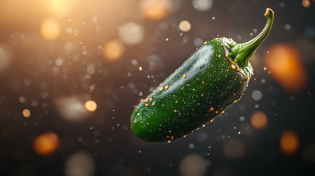 Single Juicy Jalapeo Pepper, Water Droplets, Refreshing, Black Background, Vivid Greenの素材