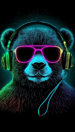 Neon Party Animal Cool Bear with Headphones and Sunglasses, Perfect for Music or Nightlife Designsの素材