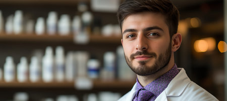 Portrait Of A Confident Young Male Pharmacist In A Modern Drugstore, Blurred Backgroundの素材