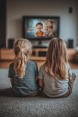 Two young siblings enjoy a cartoon together, creating cherished childhood memories at home.の素材