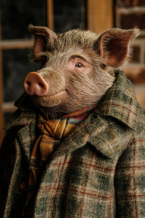 Anthropomorphic Pig in Rustic Attire, Animal Human Blend, Expressive Portrait, Warm Toneの素材
