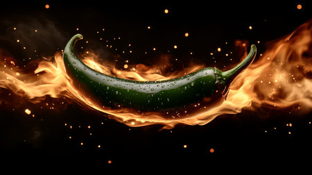 Fiery Jalapeo Green Chili Pepper Engulfed in Blazing Flames with Intense Heat on Black Backgroundの素材
