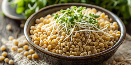 Germinated Fenugreek Seeds Close-Up. Fresh Sprouts With Delicate White Roots in a Rustic Bowl.の素材