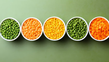 Five Bowls Filled With Colorful Green Peas, Orange And Yellow Lentils On A Green Backgroundの素材