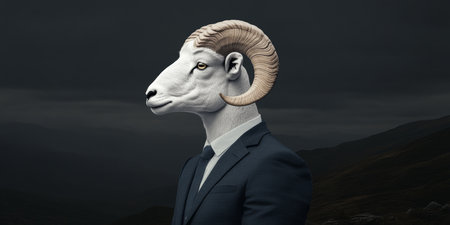 Surreal Fine Art Portrait, Businessman with a Ram s Head, Contemporary Anthropomorphism.の素材