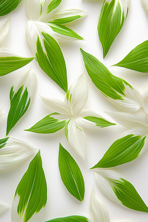 Green and White Hosta Leaves, Minimalist Botanical Background, Natural Pattern with Copy Space.の素材