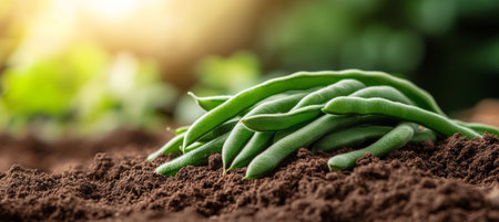 Pile of fresh green string beans harvested from a home garden. Farm to table healthy eating.の素材