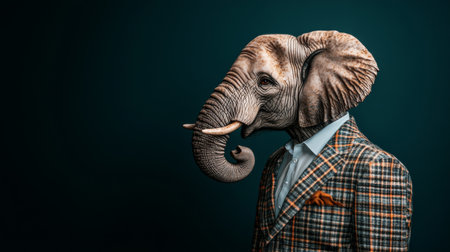 Anthropomorphic Elephant in a Suit, Profile on Dark Background, Blending Animal and Humanの素材