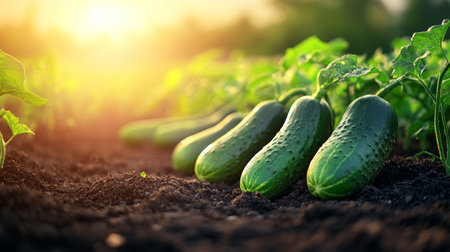 Fresh, Green Cucumbers Thrive in the Fertile Soil, Ready for Harvest Under the Sunset Glow.の素材