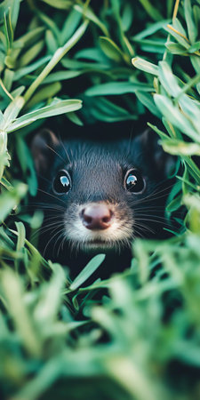 Peeking Through Greenery Portrait of an Adorable Mink Exploring Summer Grass. From Nature.の素材